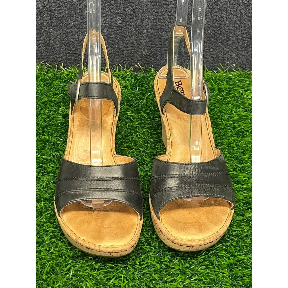 Born Womens Black Leather Cork Wedge Sandals Ankle Strap Platform Shoes Size 9